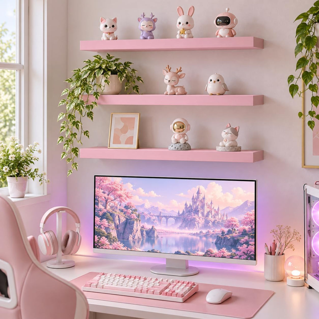BAYKA Estantes Flotantes Rosados de 22.5 pulg., Juego de 3, Montados en la Pared para Decoración de Pared