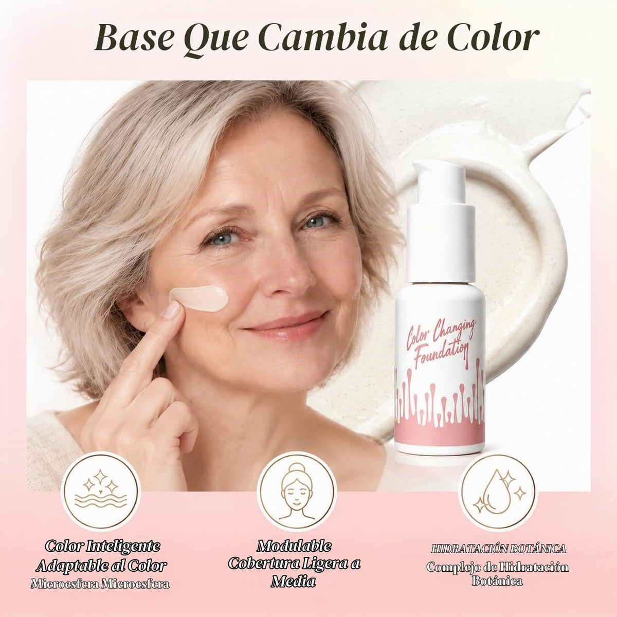 Base de maquillaje que cambia de color para piel madura, acabado natural autoajustable, cobertura ligera a media construible, difumina imperfecciones y líneas finas con hidratación hipoalergénica para