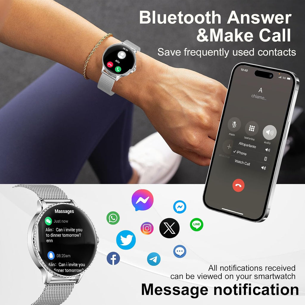 Reloj inteligente para mujer, pantalla AMOLED ultra clara de 1.32 pulgadas con llamadas Bluetooth (respuesta/hacer) seguimiento de actividad/frecuencia cardíaca y monitor de sueño, más de 120 modos