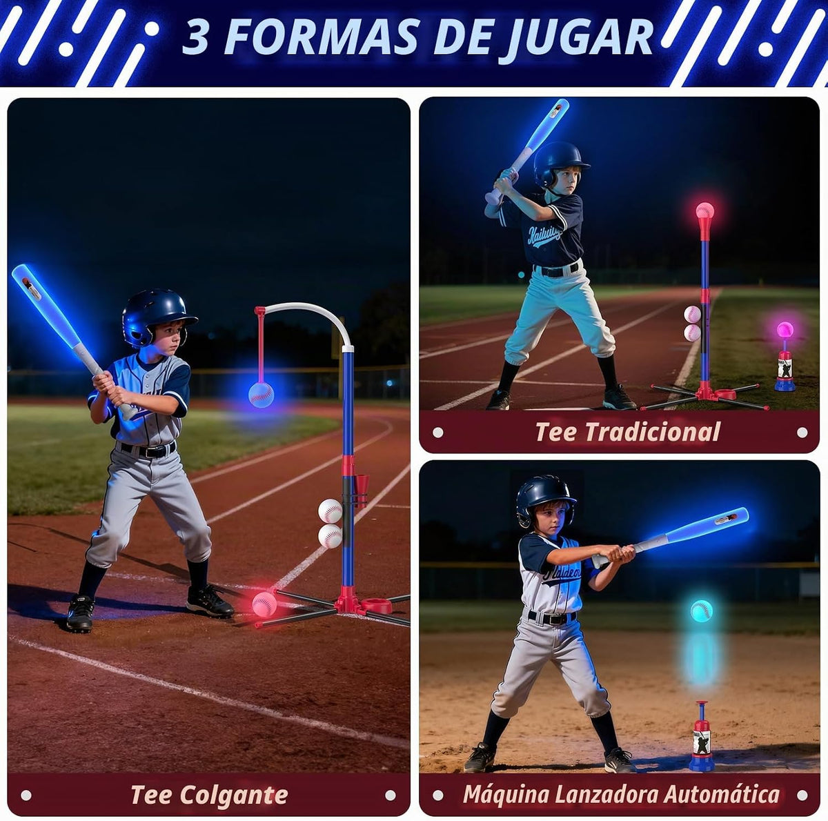 HYES Set de Béisbol 3 en 1 con LED para Niños 3-5 con 7 Iluminaciones