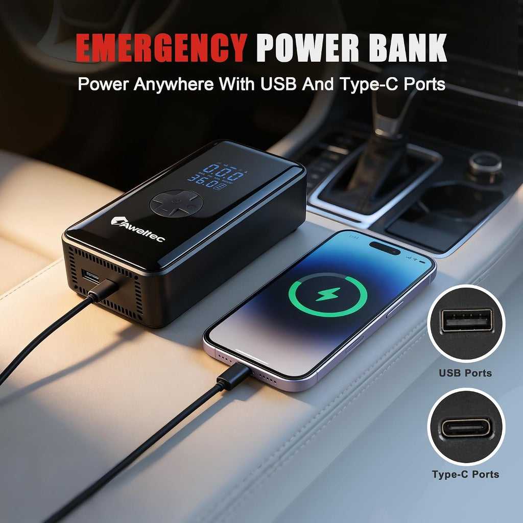 Inflador de neumáticos inalámbrico: compresor de aire portátil con pantalla digital, batería de 4500 mAh, 150 PSI máximo, inflado rápido de 32 L/min, luz LED 3 en 1 (SOS/Flash), carga USB-C