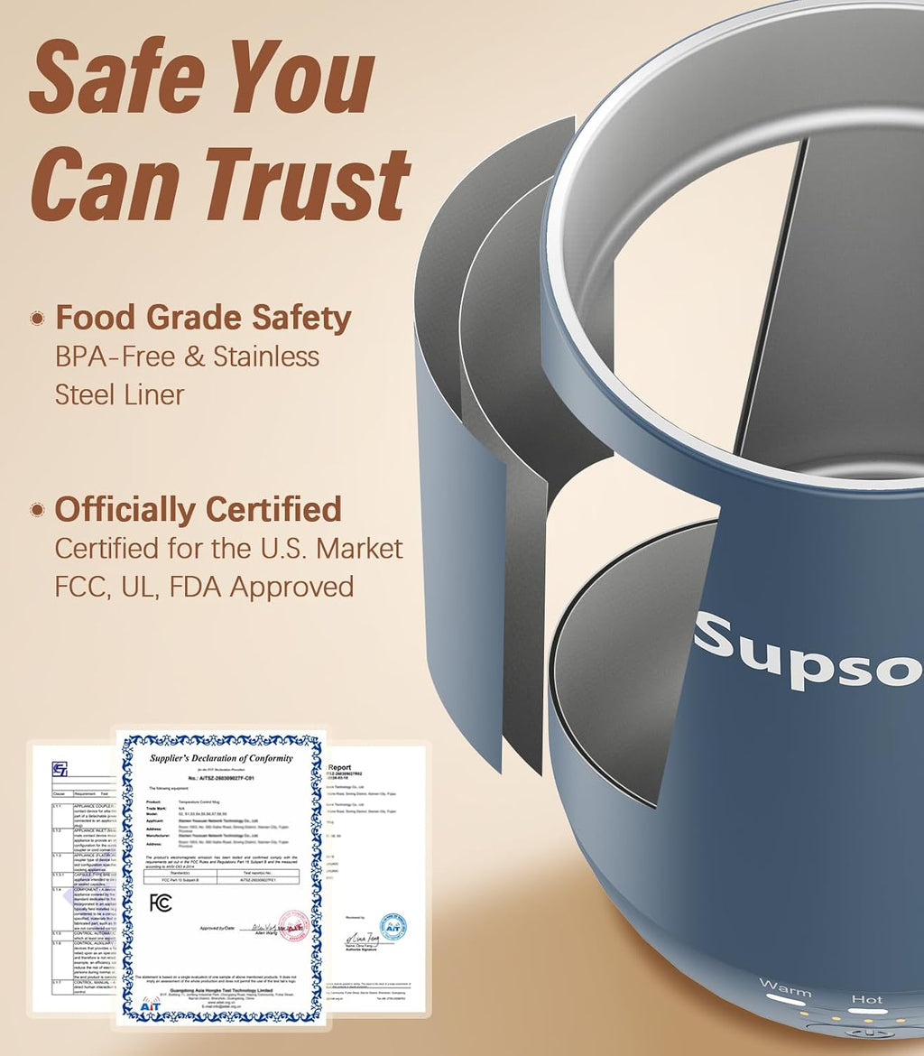 Supsonic - Taza de café autocalentable de 16 onzas, taza de café inteligente con calefacción más rápida de contacto directo de hasta 149 °F, juego de calentador de taza de café con apagado automático