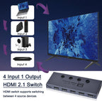 Interruptor HDMI 2.1, conmutador HDMI 8K 4 en 1 salida 8K @60Hz 4K @240Hz HDMI 2.1 selector de conmutador con soporte remoto CEC 3D HDR HDCP2.3 Dolby Vision/Atmos para PS5/4 Xbox Nintendo Switch Fire