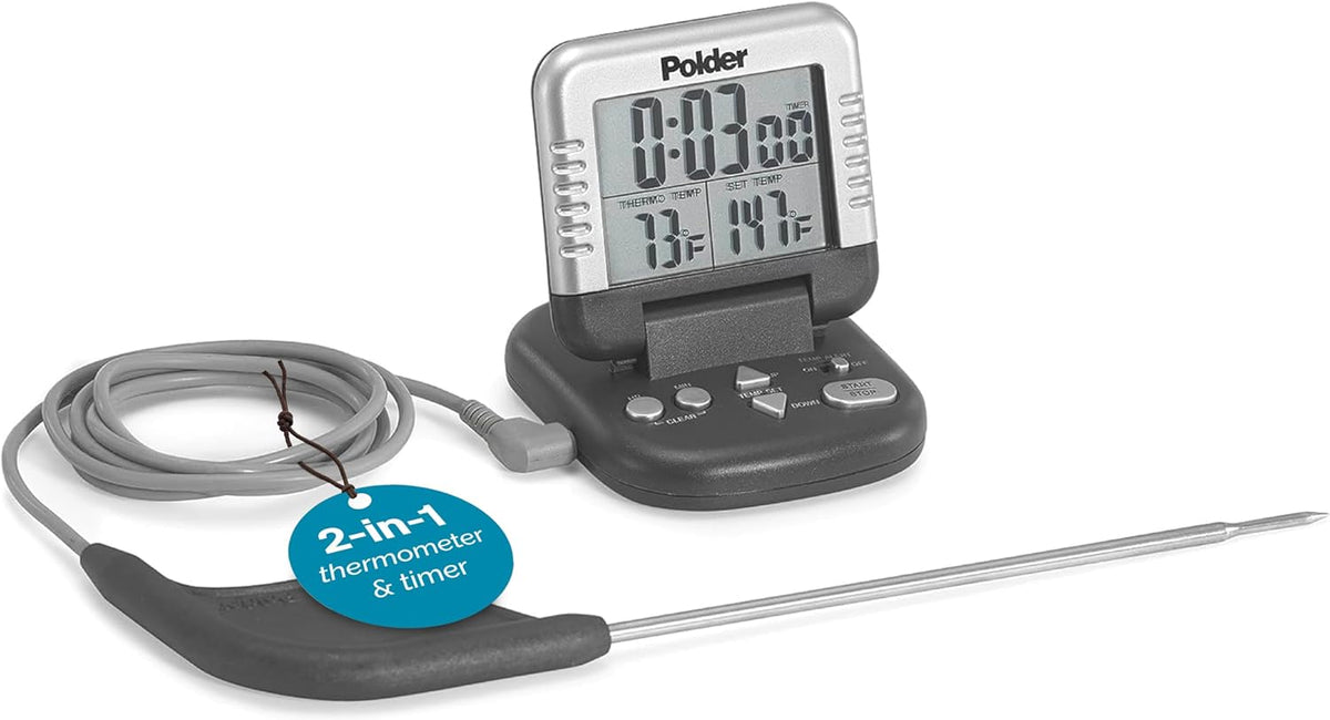 Polder - Termómetro digital clásico y temporizador, termómetro para carne para cocinar, sonda de acero inoxidable, temporizador de cuenta regresiva de 24 horas con cable de silicona de alta