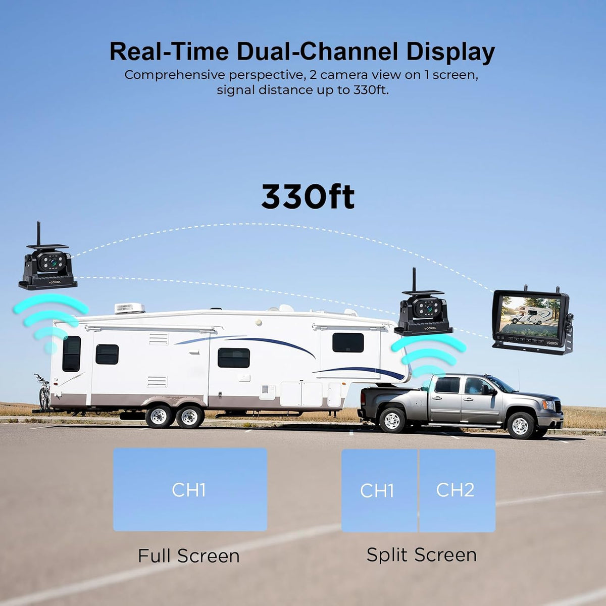VOONOA 2 cámaras magnéticas inalámbricas de respaldo con sistema de monitor DVR HD 1080P de 7 pulgadas, 15000 mAh, recargable, impermeable, doble cámara solar inversa para enganche, remolque, coche, remolque, camión, caravana, VN007