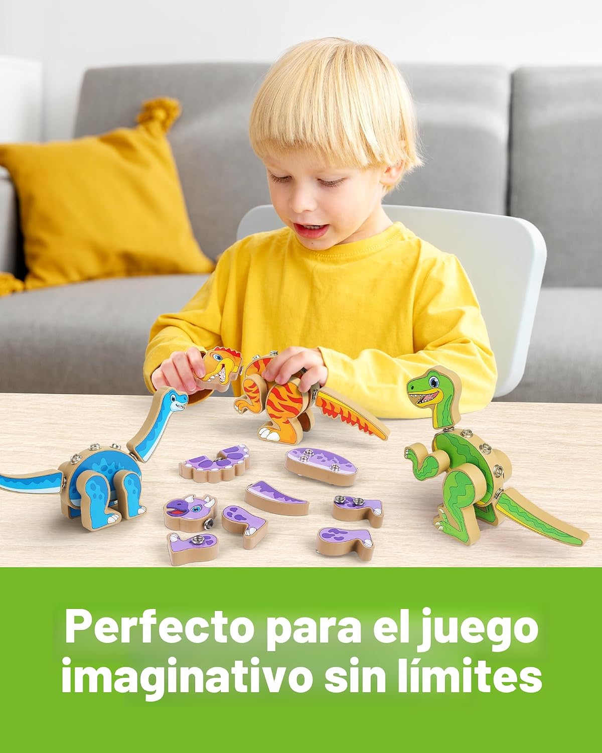 Coogam Construye Tus Propios Dinosaurios de Juguete, Set de Juego de Construcción de Dinosaurios que se Ensamblan, Constructor de Dinosaurios STEM de Madera Desmontable, Juguete de Construcción