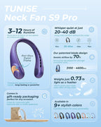 TUNISE Ventilador de cuello, ventilador personal con pantalla LED, recargable USB-C, batería de 4000 mAh, ajuste de 3 velocidades y funcionamiento silencioso, perfecto para el hogar, viajes, deportes