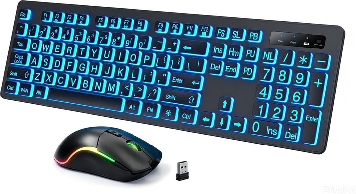 Teclado y mouse iluminados inalámbricos, brillo y color ajustables,...