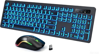 Teclado y mouse iluminados inalámbricos, brillo y color ajustables,...