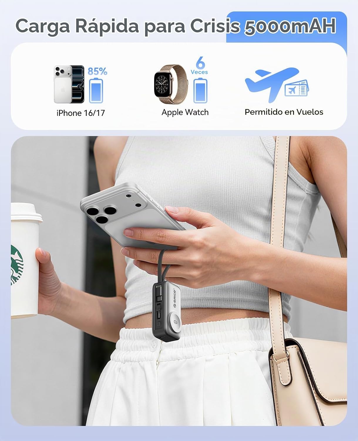 ORICO Cargador portátil de 5000 mAh con cable USB-C integrado, mini...