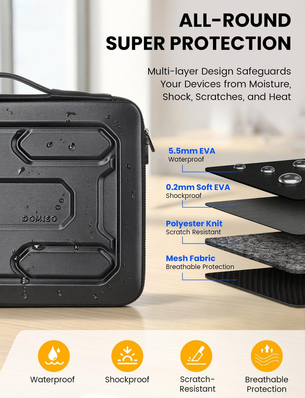 DOMISO Funda rígida para laptop de 17 a 17.3 pulgadas, impermeable, a prueba de golpes, funda rígida para laptop con asa y bolsillo de almacenamiento, compatible con MacBook, HP, Dell, negro