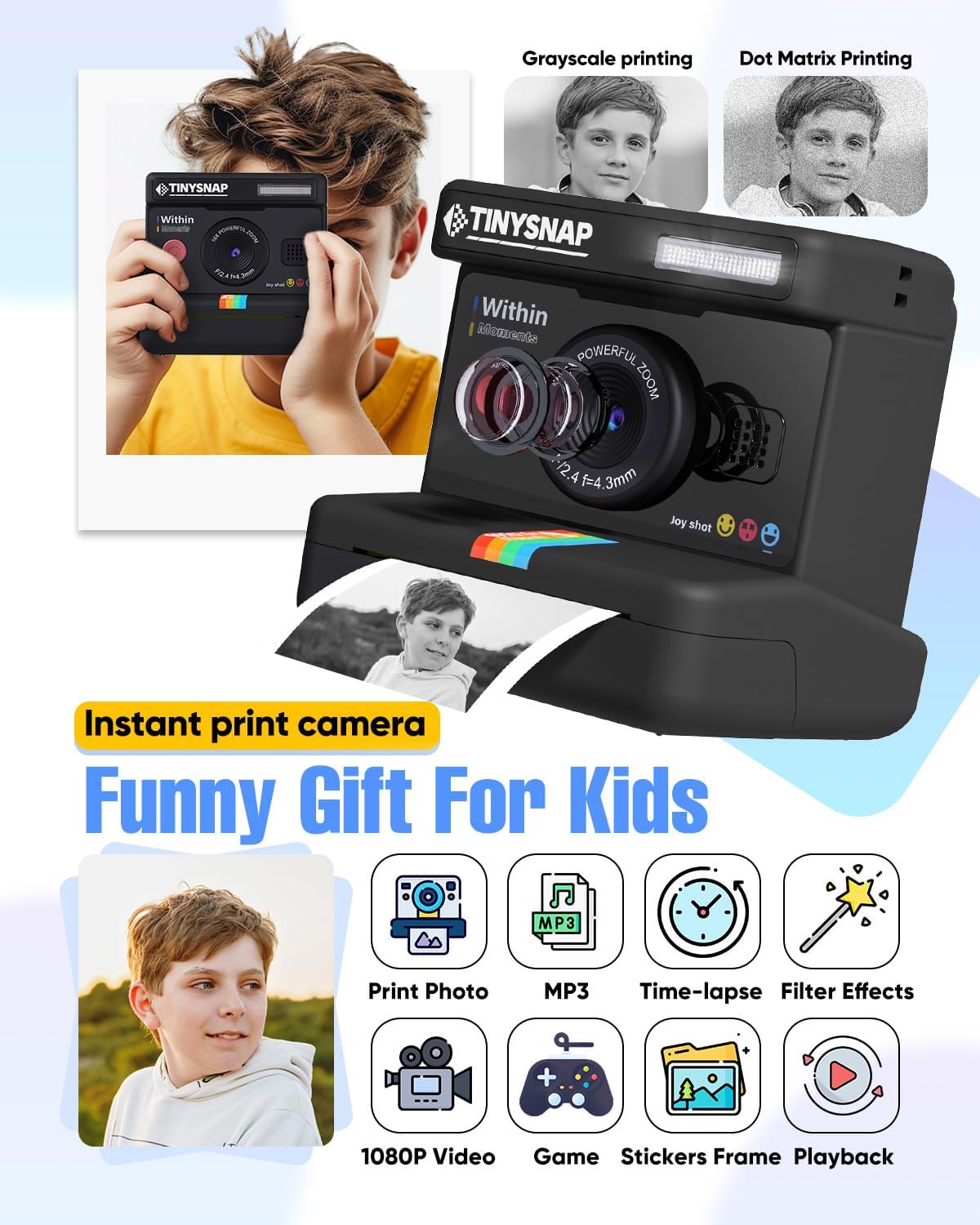 Cámara Instantánea para Niños, Cámara Infantil de Doble Lente con Pantalla de 2.4 Pulgadas, Regalos de Navidad y Cumpleaños para Niñas de 3-12 Años, Juguete Portátil para Niños y Niñas de 3 4 5 6 7 8 9 10 Años (Negro)