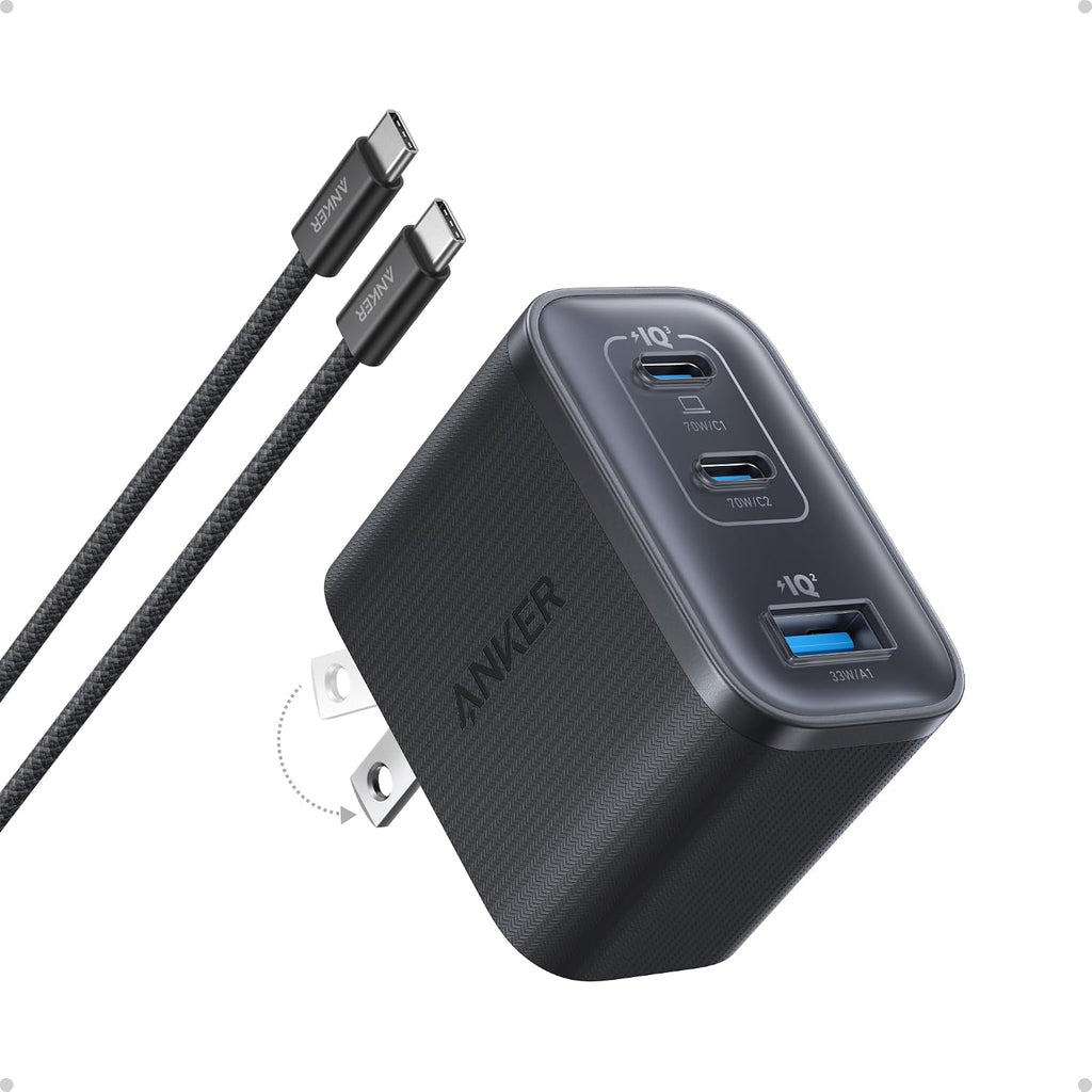 Anker Nano 70W Max Cargador Rápido de 3 Puertos USB-C, cargador tipo C de carga