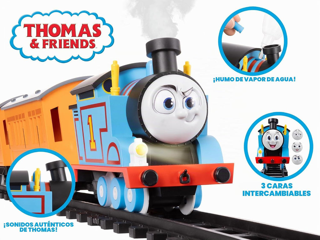 Juego de tren de juguete Lionel Mattel Thomas & Friends con batería, calibre O, con mando a distancia, locomotora, vagones de tren y vía con luces, sonidos auténticos de tren y efectos de vapor de
