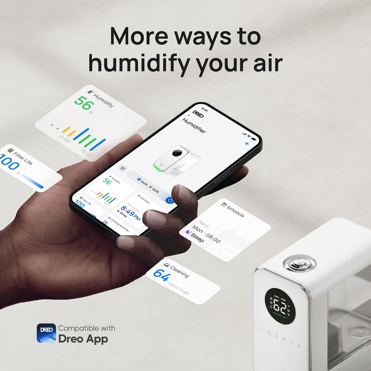 DREO Humidificadores para dormitorio, humidificador inteligente silencioso de niebla fría para habitación grande, difusor de aceite y luz nocturna, 50 horas de tiempo de funcionamiento para plantas de