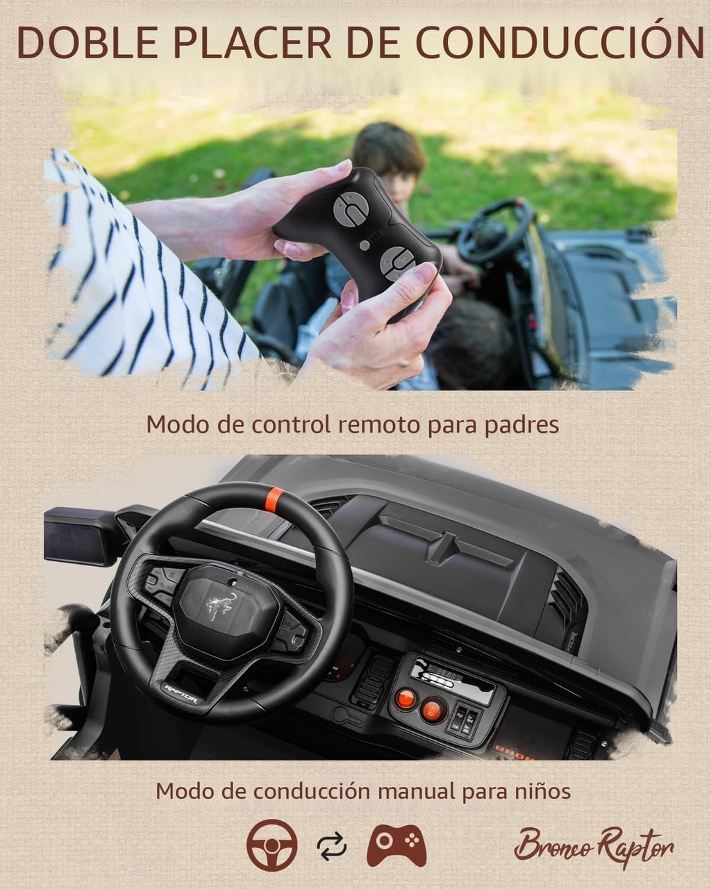 First Ride On - Ford Bronco Raptor - Vehículo infantil eléctrico para niños grandes de 2 puestos, con licencia y control remoto, de 24 V, velocidad máxima de 4.3 Mph, función de arranque suave, color