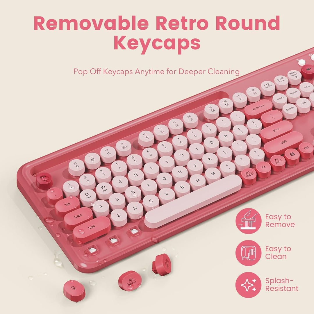 Combo de teclado y mouse inalámbricos, teclas redondas retro, tecla...