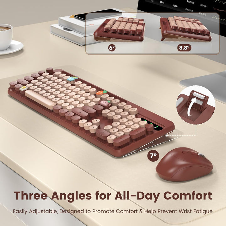 Combo de teclado y mouse inalámbricos, teclas redondas retro, tecla...