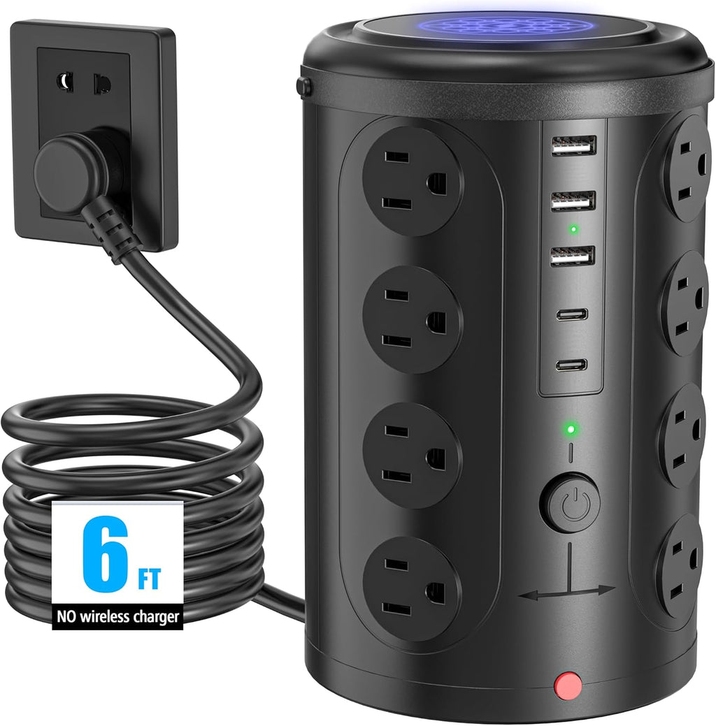 6FT Power Strip Tower Surge Protector, 16 Wide‑Spaced Outlets & 5 USB puertos