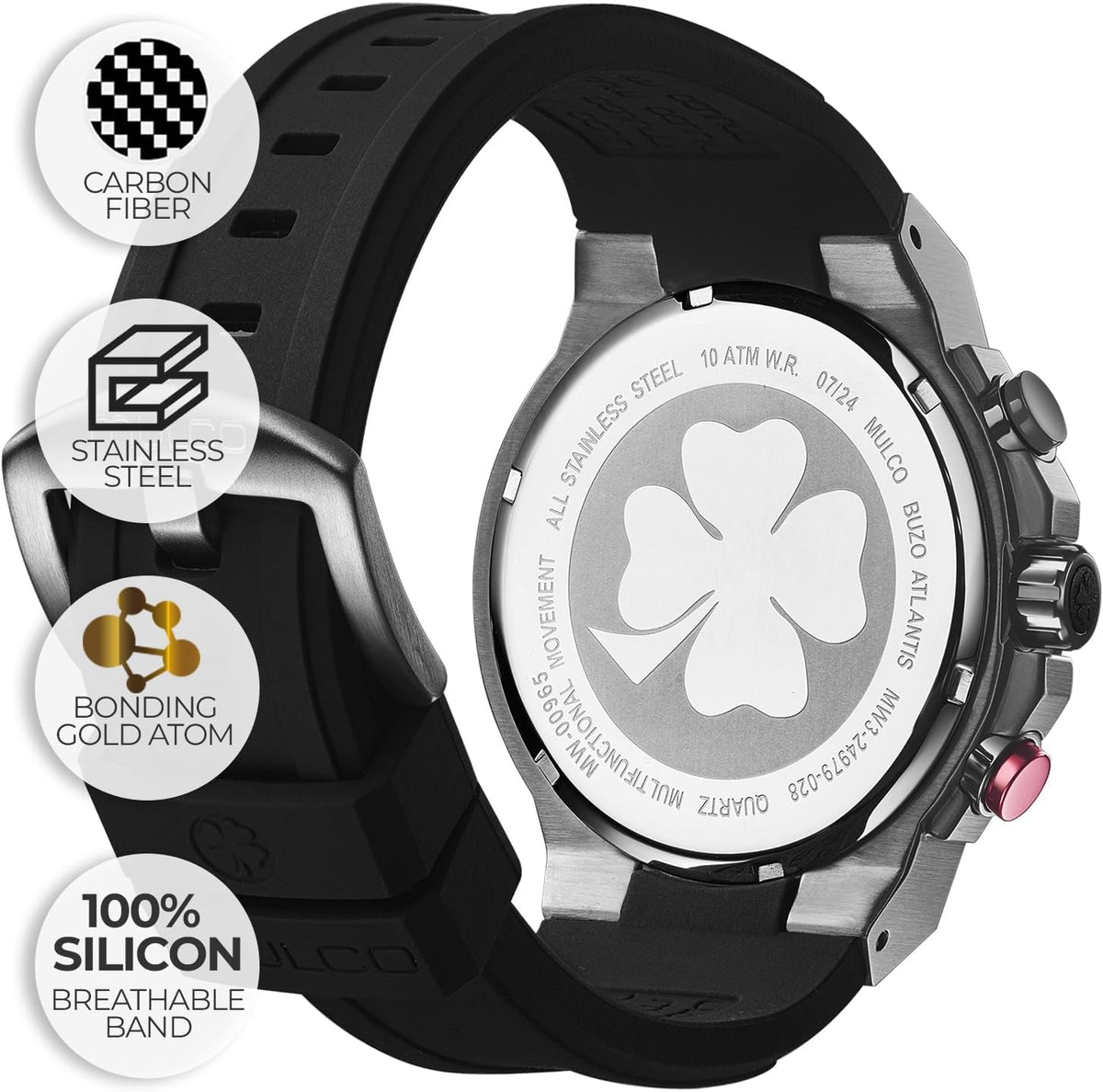 MULCO Reloj de Pulsera para Hombre Atlantis 46mm Caja de Acero Inoxidable Correa de Silicona Negra Movimiento Multifunción de Cuarzo Miyota JP25 10 ATM Resistente al Agua Reloj de Cara Grande para Hombre