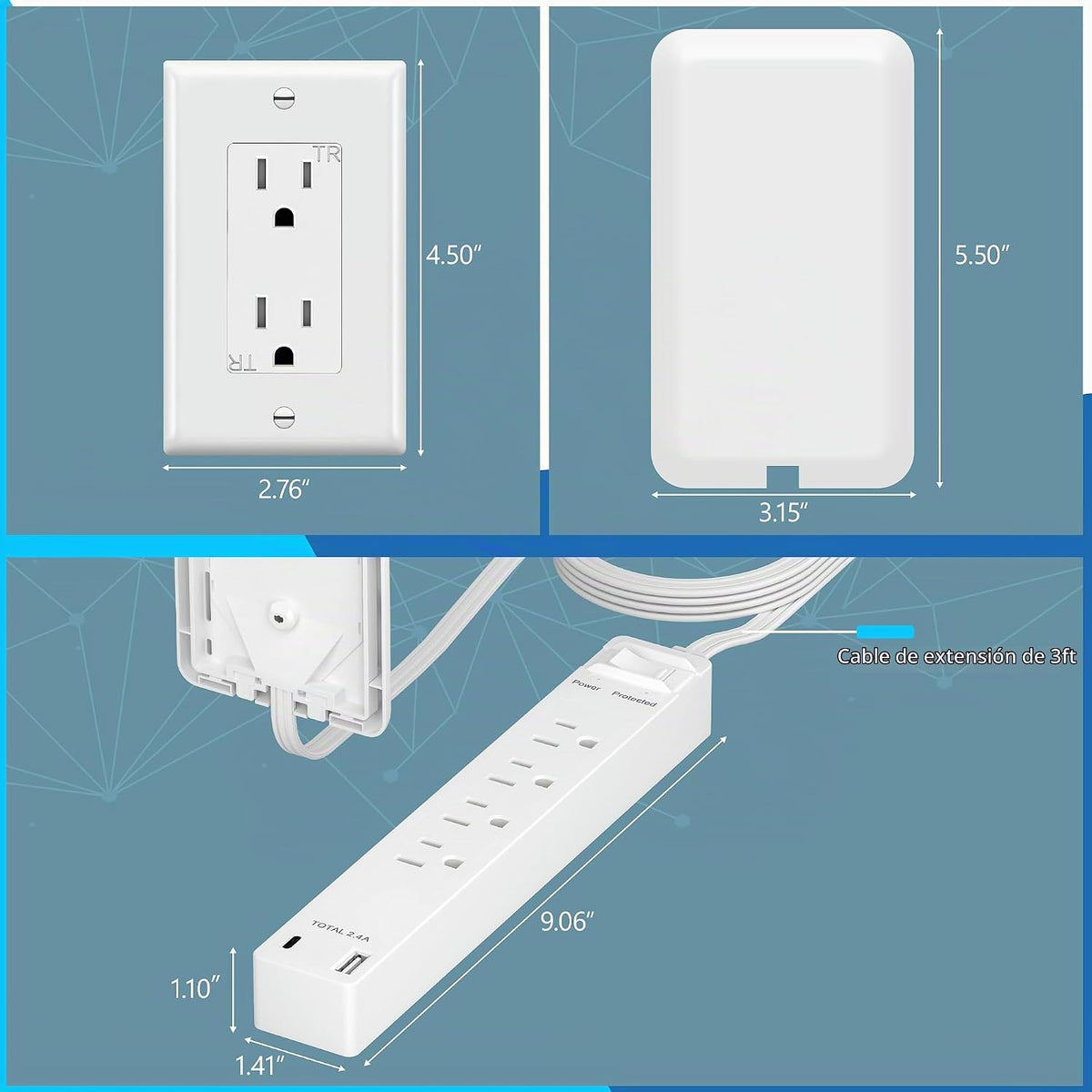 LIDER Extensor de salida protegido contra sobretensiones, 1 USB-A y 1 USB-C