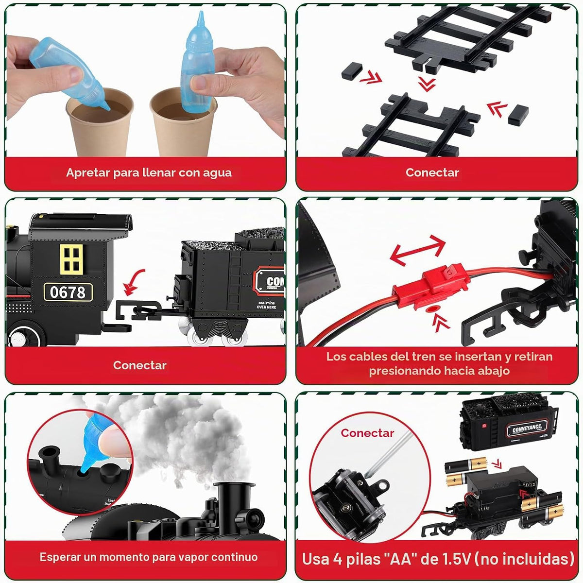 Juego de tren eléctrico con humo, luces y sonido, juego de tren para debajo del árbol de Navidad con locomotoras de vapor, autos y pistas, juguetes de tren de Navidad para niños de 3, 4, 5, 6, 7 años