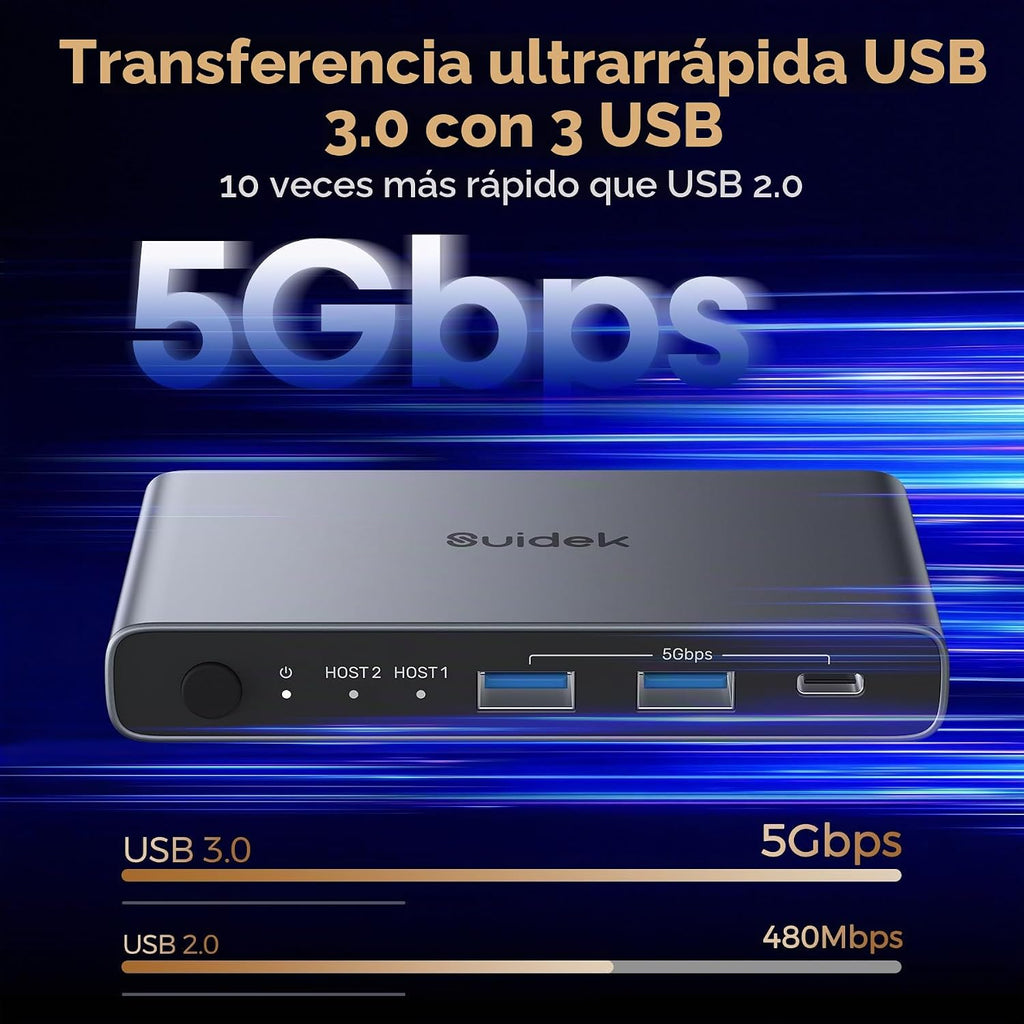 Conmutador KVM USB C 1 Monitor 2 Computadoras - 3 Puertos USB 3.0 4K