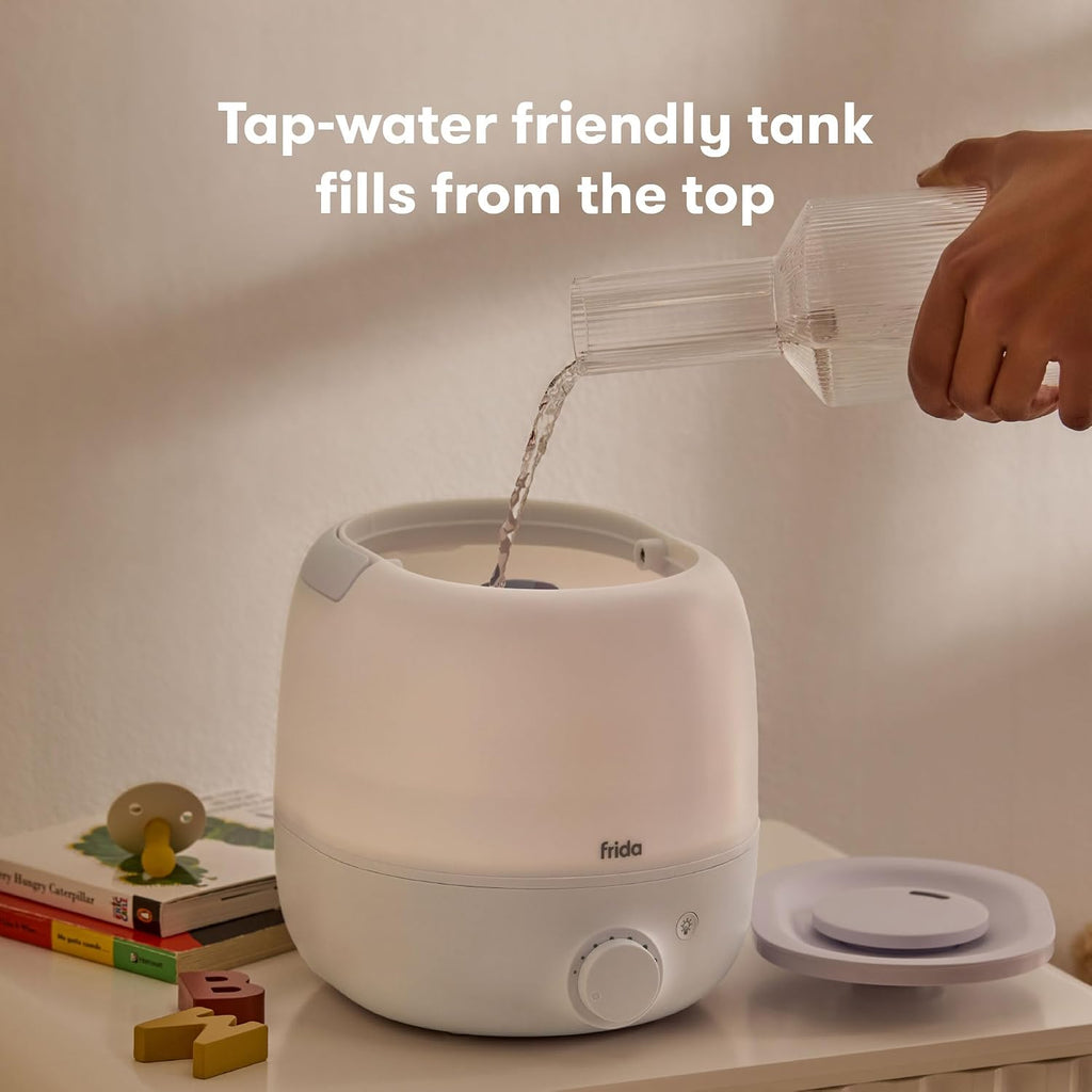 Frida Baby Humidificador de niebla fría 3 en 1 para habitaciones grandes, humidificador de relleno superior para recámara, alivio de alergias, tiempo de funcionamiento de 60 horas + luz nocturna