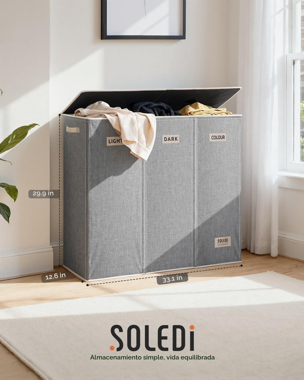 SOLEDI Cesta de lavandería de 3 secciones de 200 litros con tapa, cesta de ropa sucia extragrande con asas resistentes para lavandería y dormitorio, organizador duradero para clasificar la ropa sucia