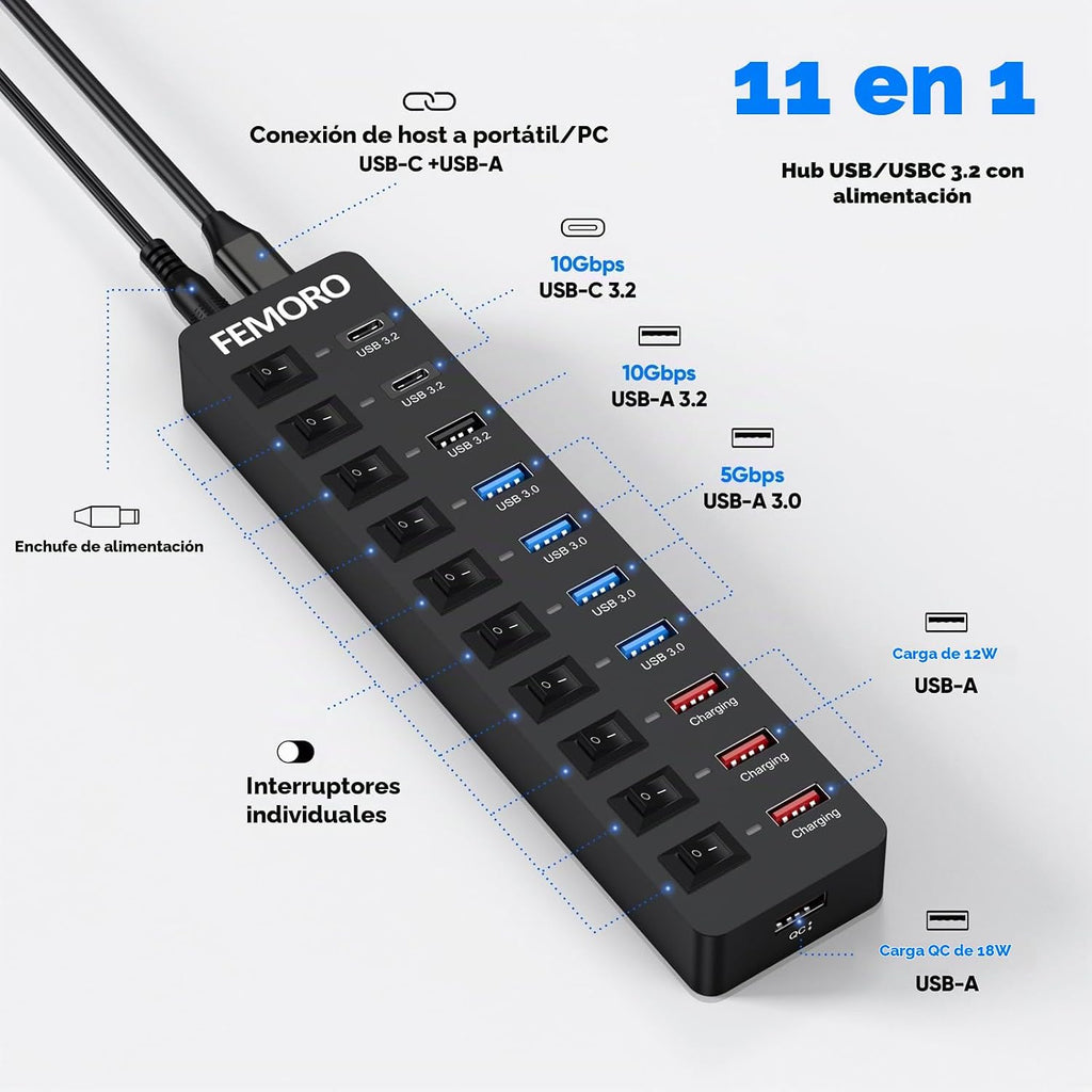 FEMORO, hub USB 3.2 de 11 puertos, alimentado, adaptador 12V/4A