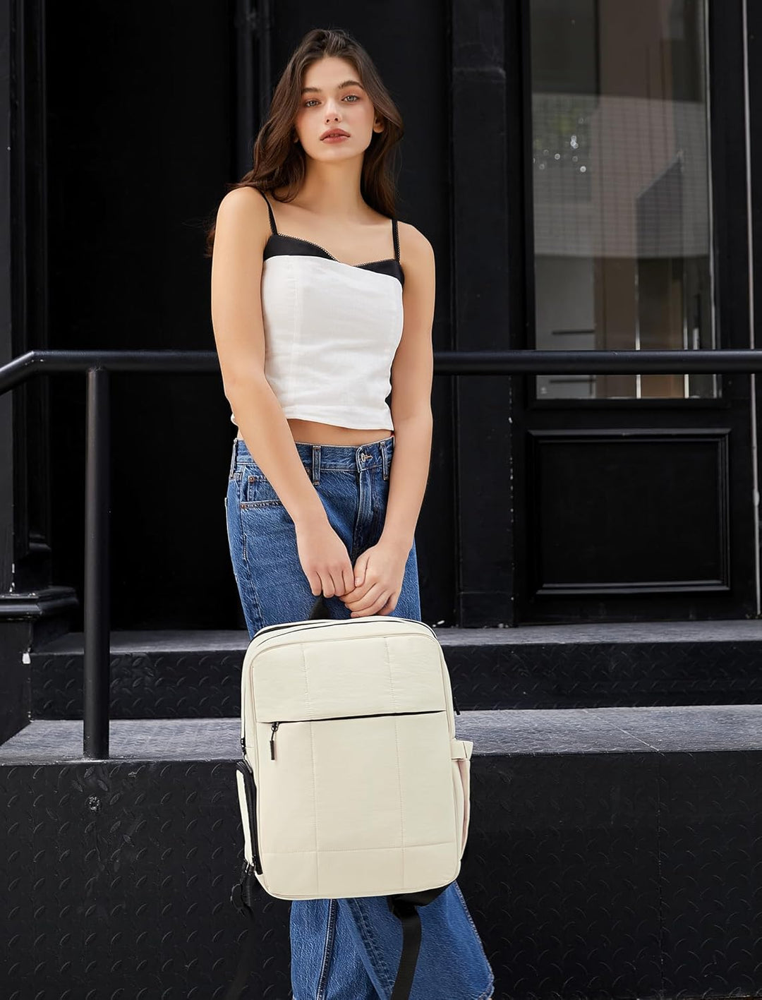 CLUCI Mochila esponjosa acolchonada para laptop para mujeres, Blanc...