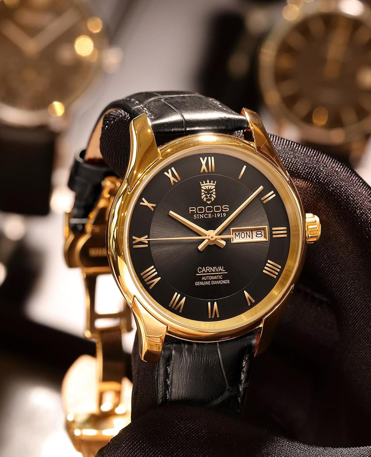 ROCOSJEWE Reloj de vestir masculino automático de cuerda automática - Caja de acero inoxidable dorado, números romanos, correa de cuero marrón, indicación de día y fecha, tapa esqueletada, reloj de pulsera de lujo para negocios, uso casual y diario