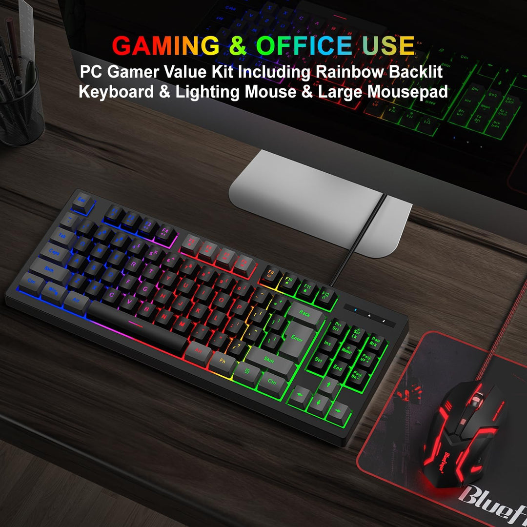 BlueFinger Combo de Teclado Gaming RGB de 87 Teclas y Mouse Retroil...