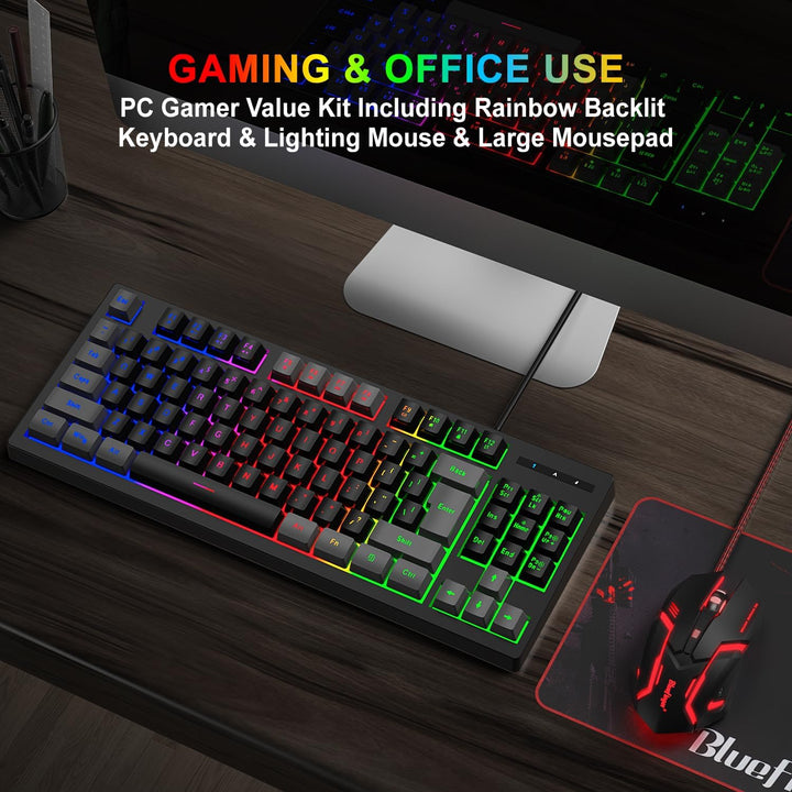 BlueFinger Combo de Teclado Gaming RGB de 87 Teclas y Mouse Retroil...