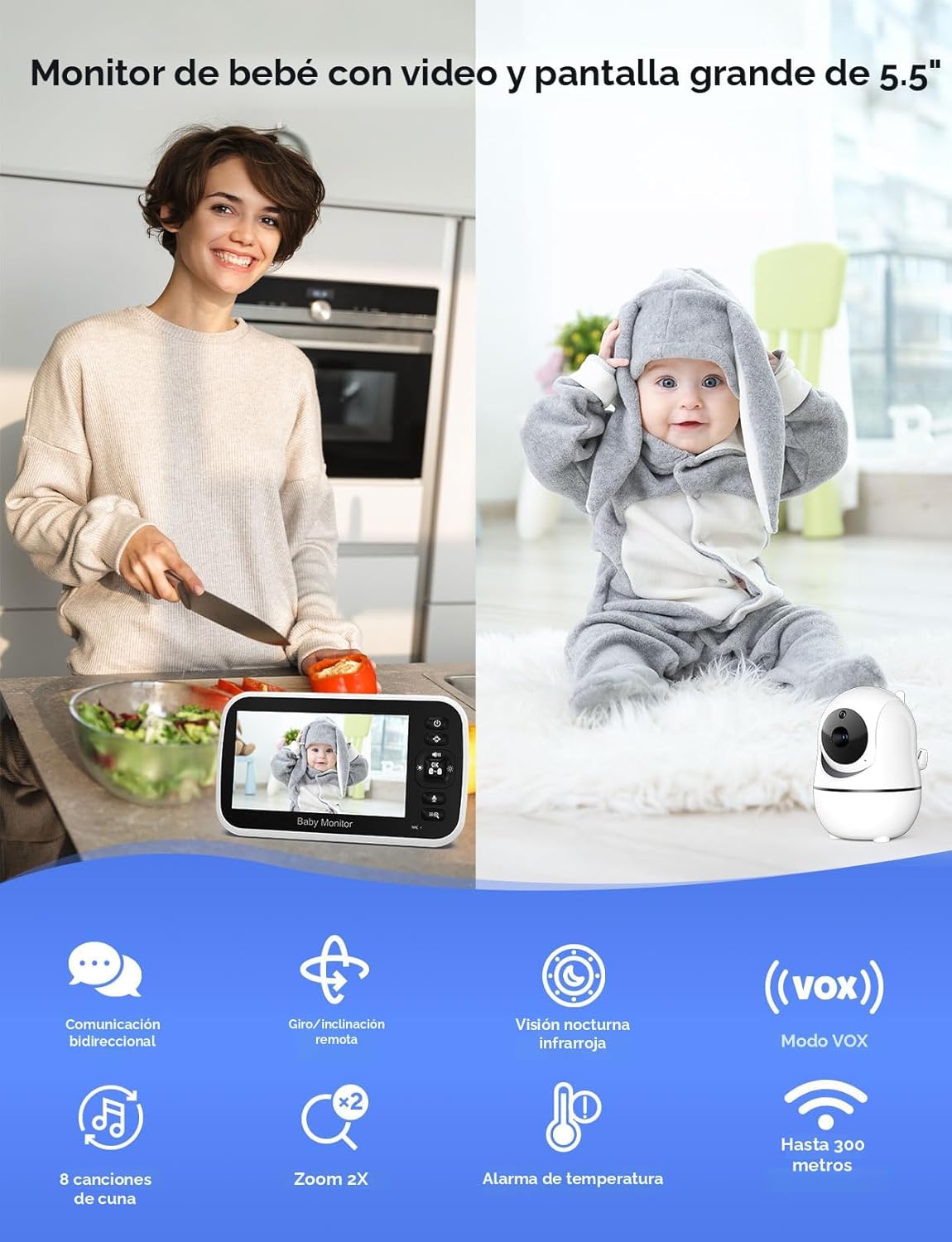 GoodBaby Monitor de bebé con cámara y audio, sin WiFi, zoom panorám...