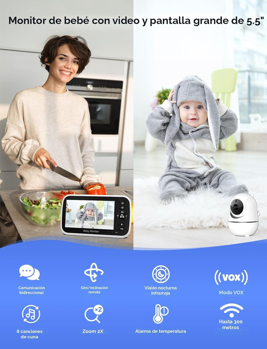 GoodBaby Monitor de bebé con cámara y audio, sin WiFi, zoom panorám...