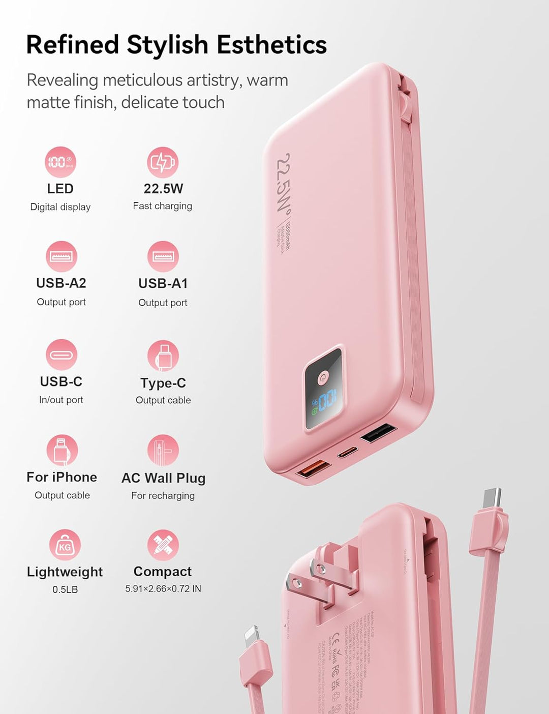 Portable Charger, 12000mAh 22.5W Fast Charging Power Bank with Buil...