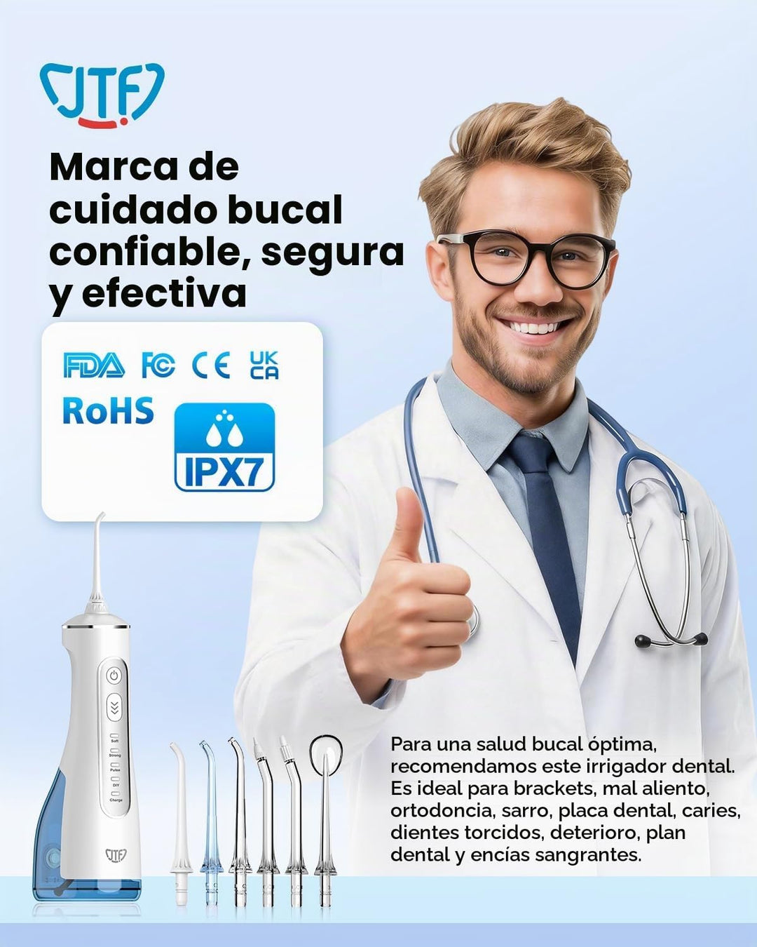 JTF Irrigador bucal portátil para dientes: 3 modos y 10 niveles de...