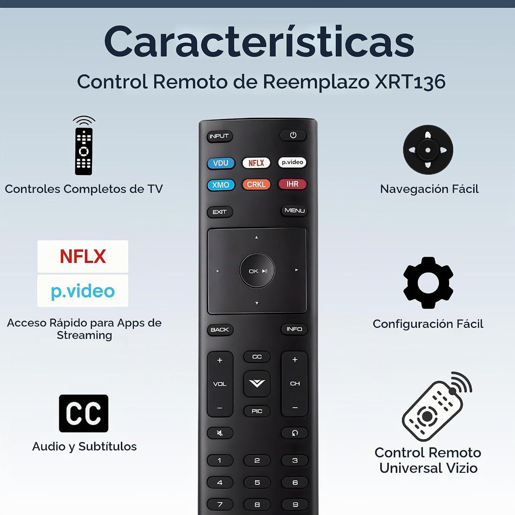 XRT136 - Control remoto de repuesto para televisores Vizio SmartCast, fácil configuración, infrarrojos, teclas de acceso directo, control remoto universal, compatible con D, E, M, P