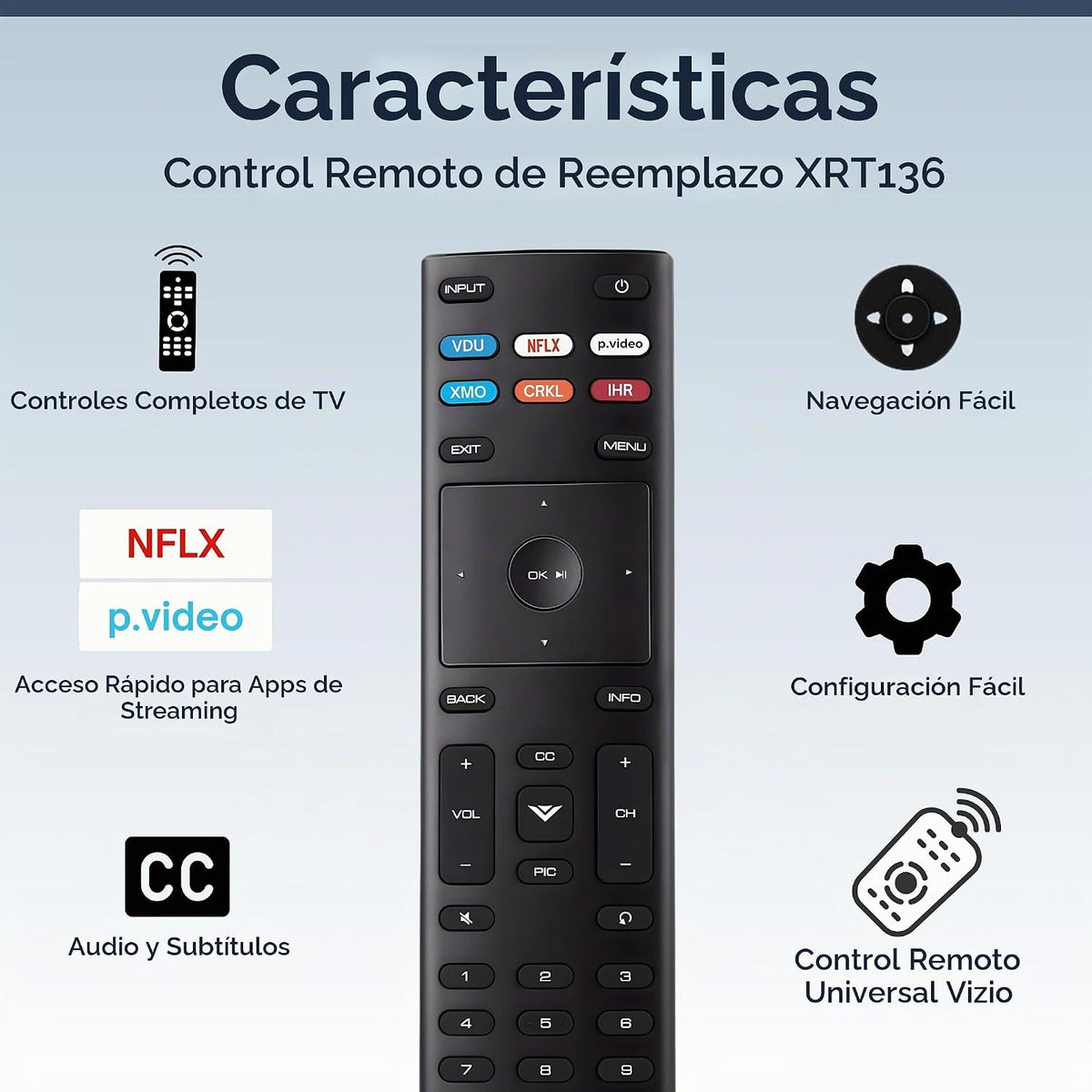 XRT136 - Control remoto de repuesto para televisores Vizio SmartCast, fácil configuración, infrarrojos, teclas de acceso directo, control remoto universal, compatible con D, E, M, P
