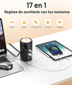 Torre de tira de alimentación AnnTane con luz nocturna, tira de alimentación con protector de sobretensiones y puertos USB, cable de extensión de 10 pies con múltiples tomas (12AC+3A+2C) para