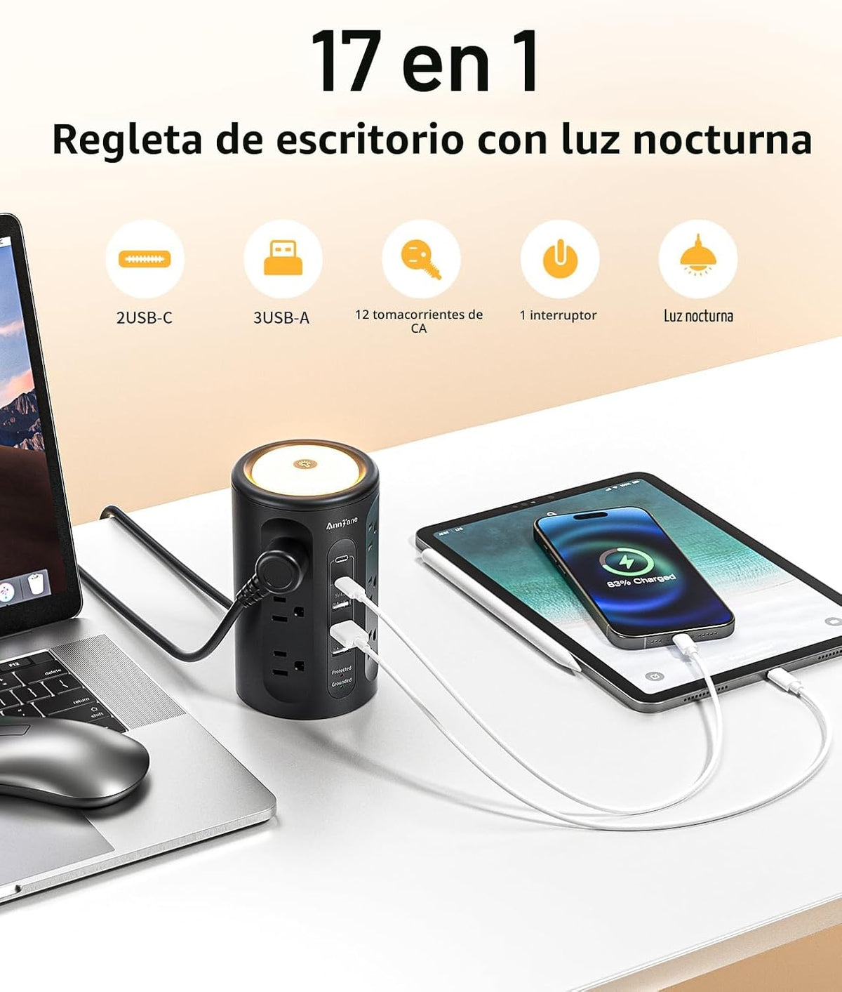 Torre de tira de alimentación AnnTane con luz nocturna, tira de alimentación con protector de sobretensiones y puertos USB, cable de extensión de 10 pies con múltiples tomas (12AC+3A+2C) para