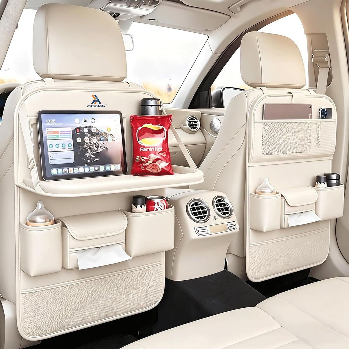 Paquete de 2 organizadores universales plegables para asiento trasero de automóvil con bandeja de mesa, protector de asiento de automóvil con soporte para teléfono para pantalla táctil