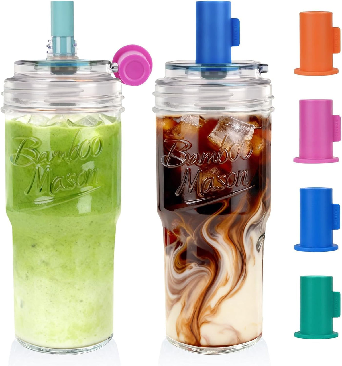 Vasos de vidrio con tapas y pajitas, vaso a prueba de fugas, vaso de café de 24 onzas, vaso de tapa a prueba de fugas, popote de silicona, reutilizable, taza de café helado, batido de café