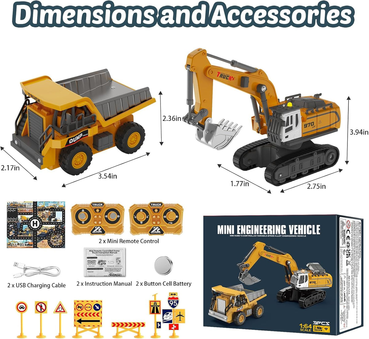 Mini excavadora RC y camión volquete escala 1:64 para niños y