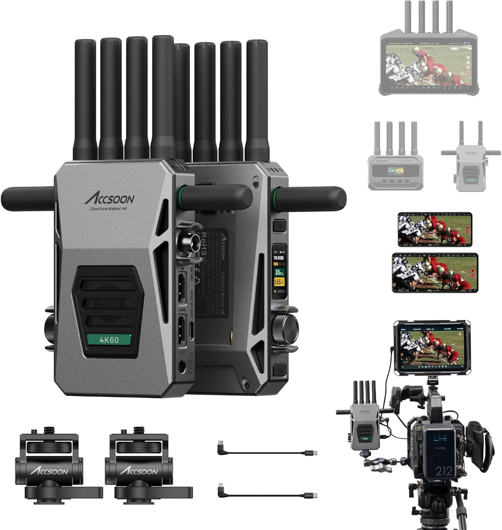 Accsoon Transmisor y receptor de video inalámbrico CineView Master 4K con SDI HDMI, Tri-Band 8202ft 25ms LAT, 4K60/1080p60 1 con cable iOS+4 Monitoreo de aplicaciones, par de transmisión en vivo CineView 4K Lite/SE 4K/M7(H) Pro
