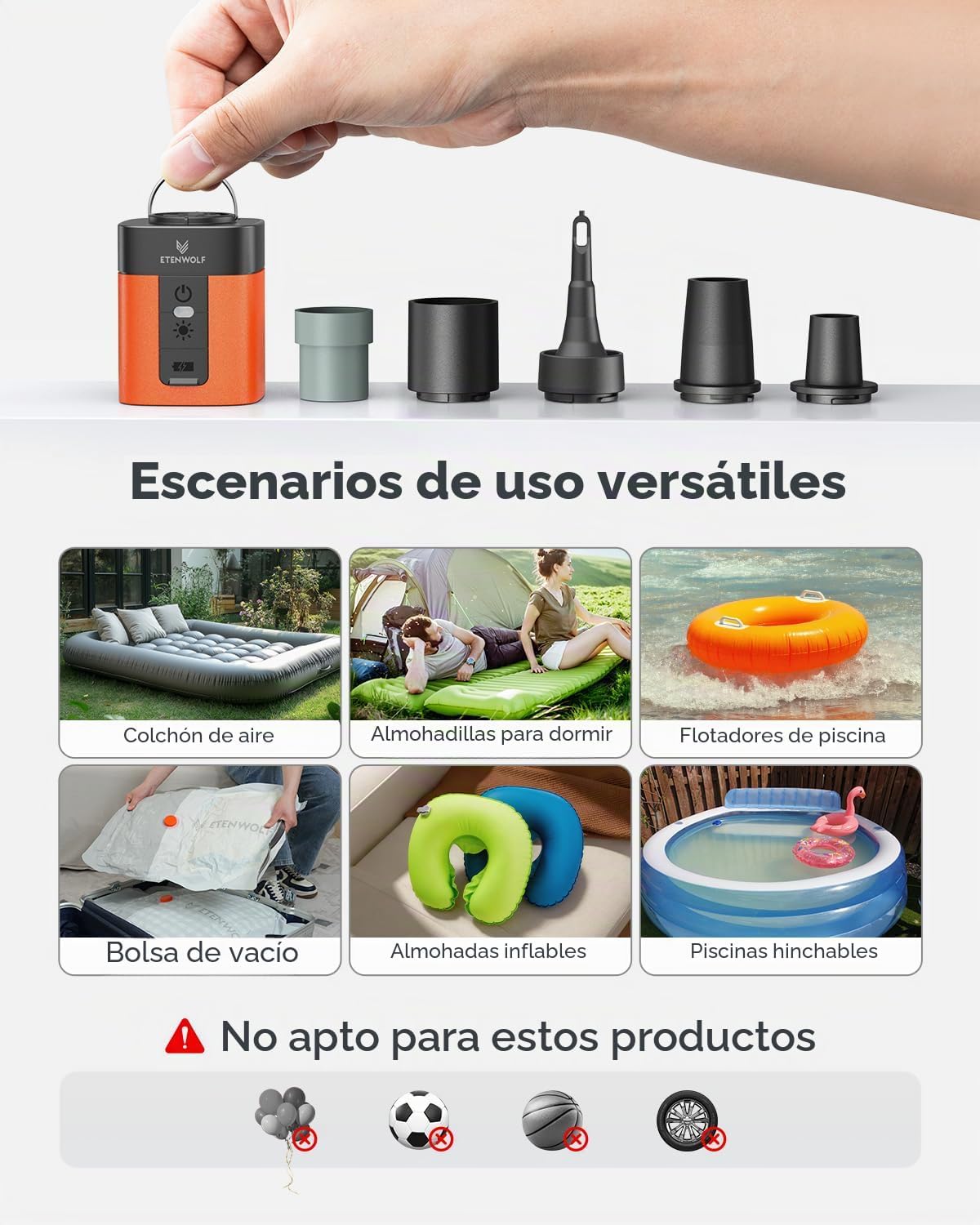 ETENWOLF AIR 3 Bomba de aire para inflables con batería de 2600 mAh y luz de campamento, bomba de aire eléctrica ultrarrápida y mini, desinfla para colchón de aire, flotadores de piscina, bolsas de