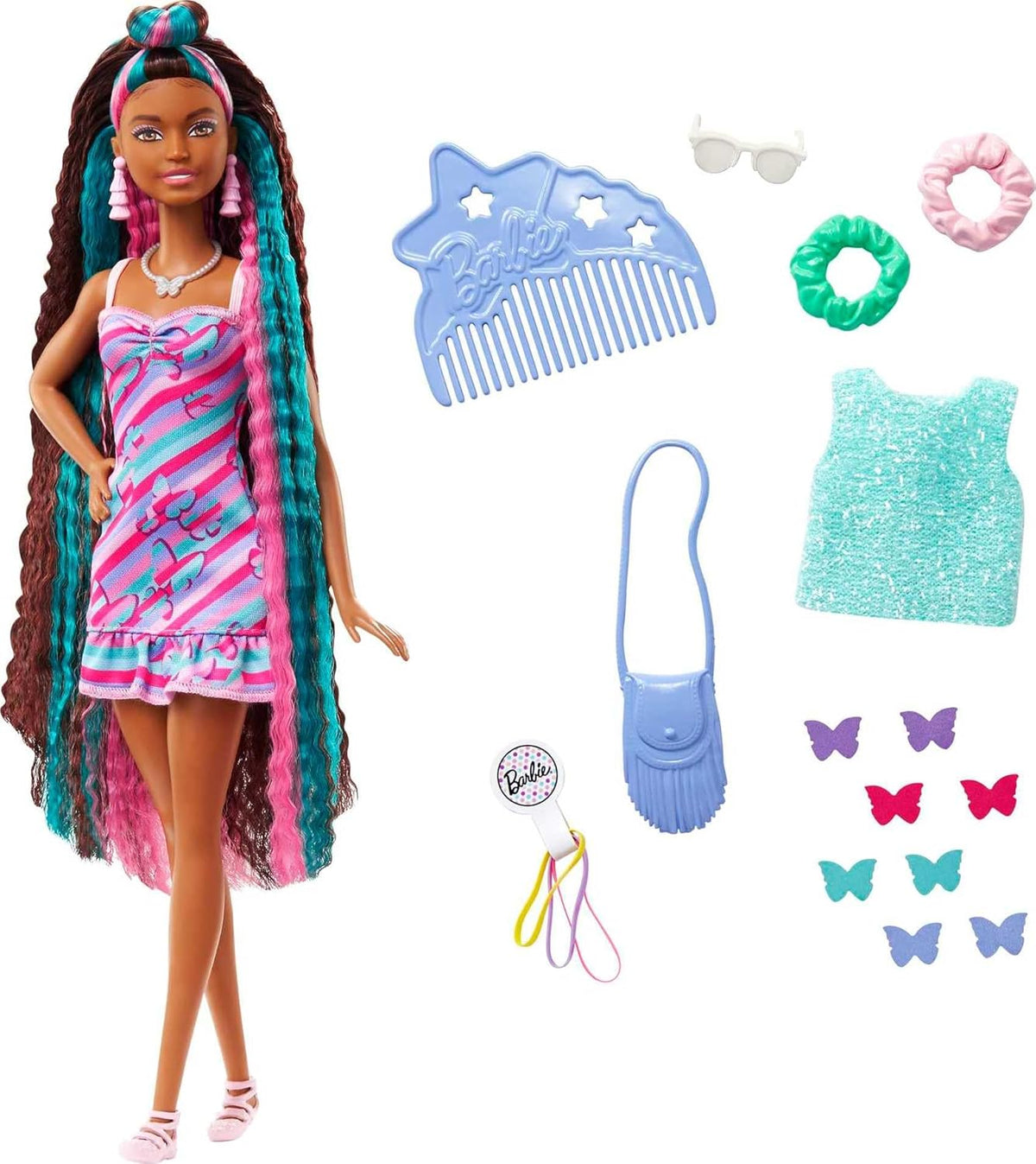 Barbie Muñeca Totally Hair, temática de mariposa con cabello de fan...