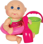 Parche de repollo para niños en la playa, pequeño, con flotador de juguete rosa, cubo y pala y sandía – muñecas CPK de 9 pulgadas – crece tu parche de repollo – juega dentro o fuera del agua, multi