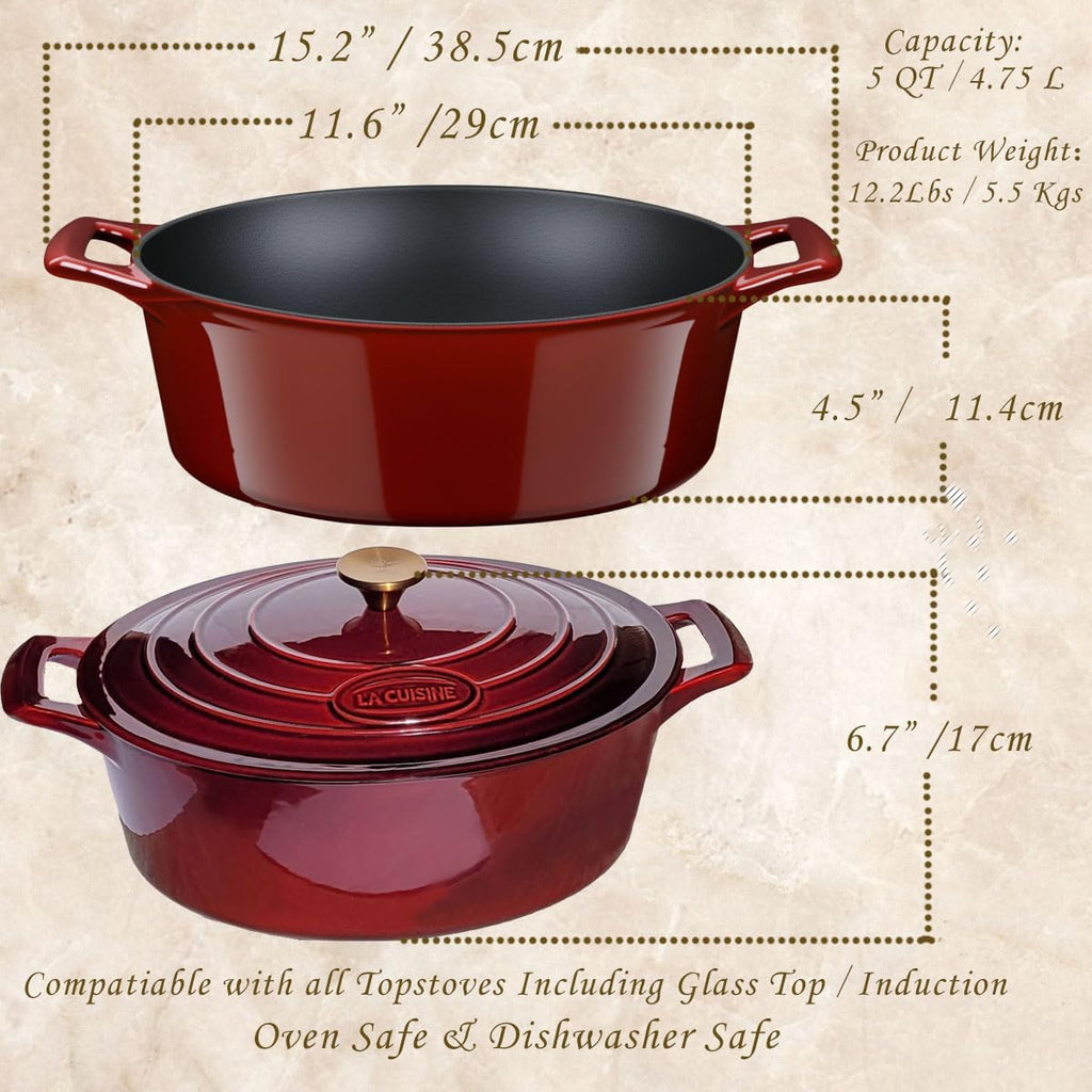 La Cuisine - Olla ovalada de hierro fundido esmaltado para horno holandés con tapa, 5 cuartos de galón, revestimiento interno de esmalte negro mate, mango de tapa de acero inoxidable chapado en oro, apto para horno